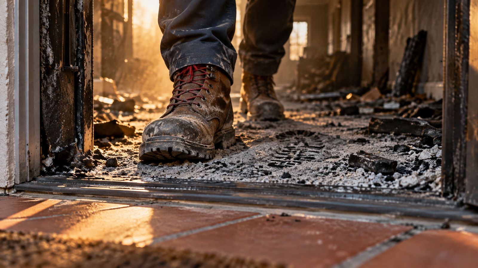 Work boots stepping over the threshold onto an ash covered floor of a fire damaged home