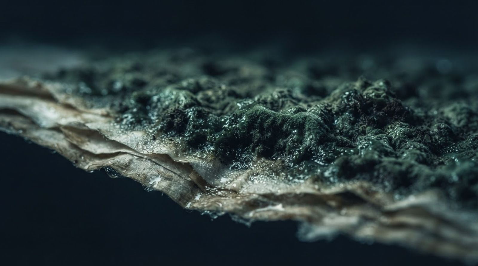 Extreme close-up of black mold growing on wet drywall paper under raking light