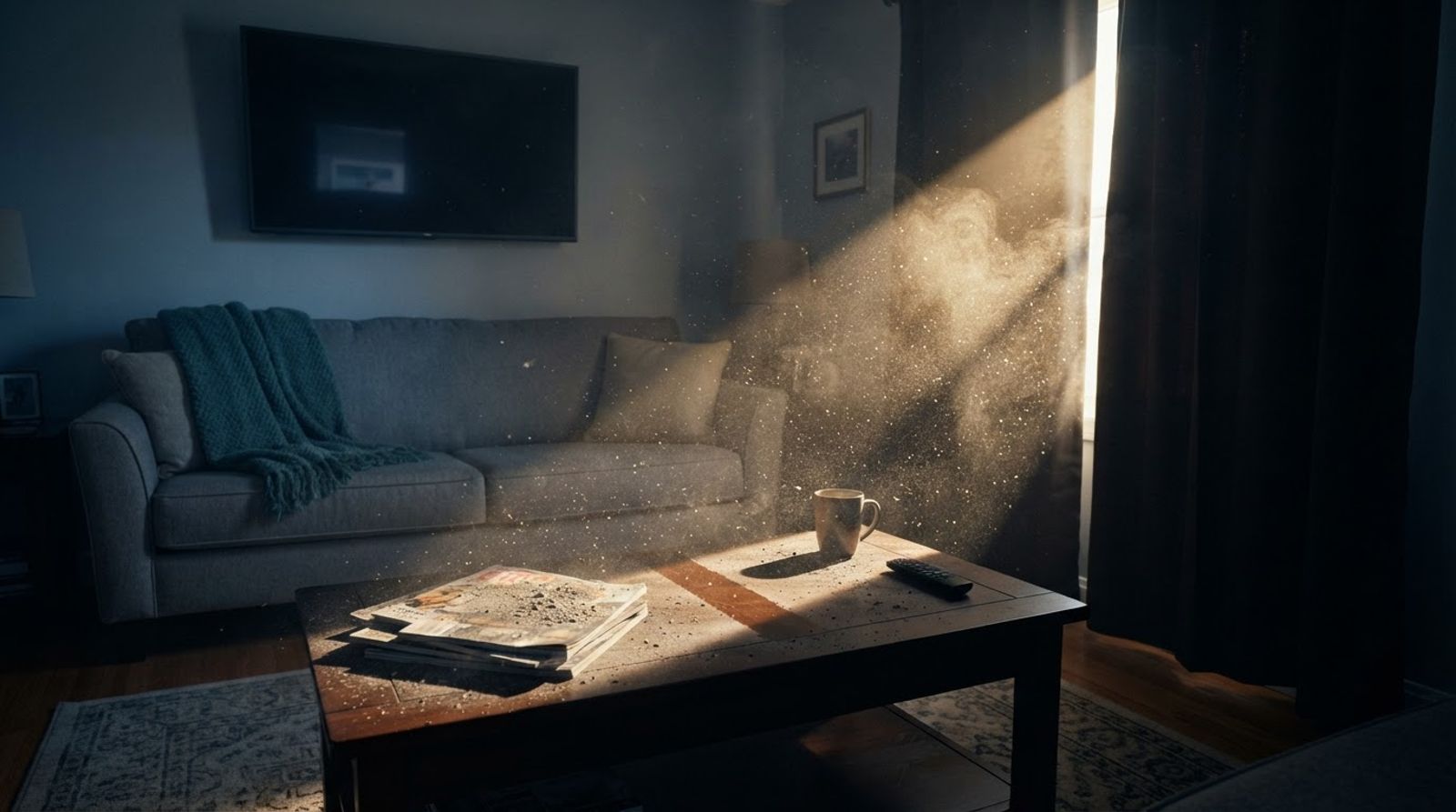 Sunbeam revealing floating smoke particles over a living room that looks normal after a fire