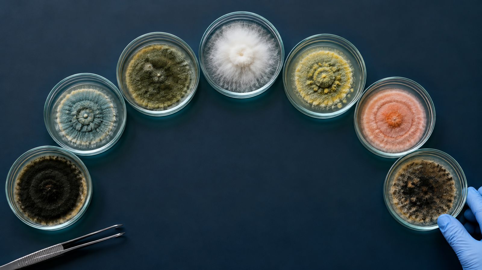 Petri dishes showing different colored household mold colonies including black, green, white and orange