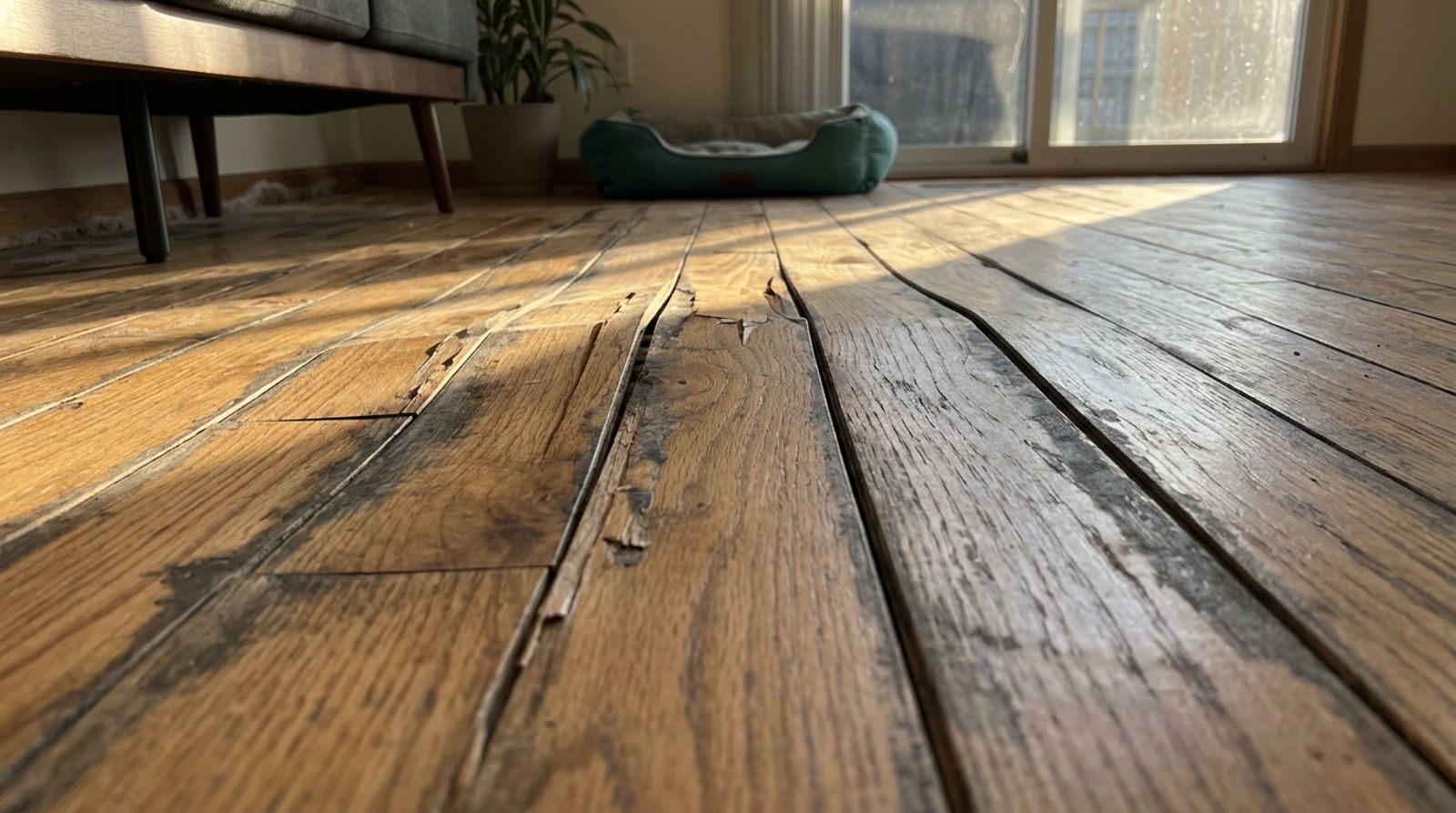 Low angle view across a warped and buckled hardwood floor damaged by untreated water