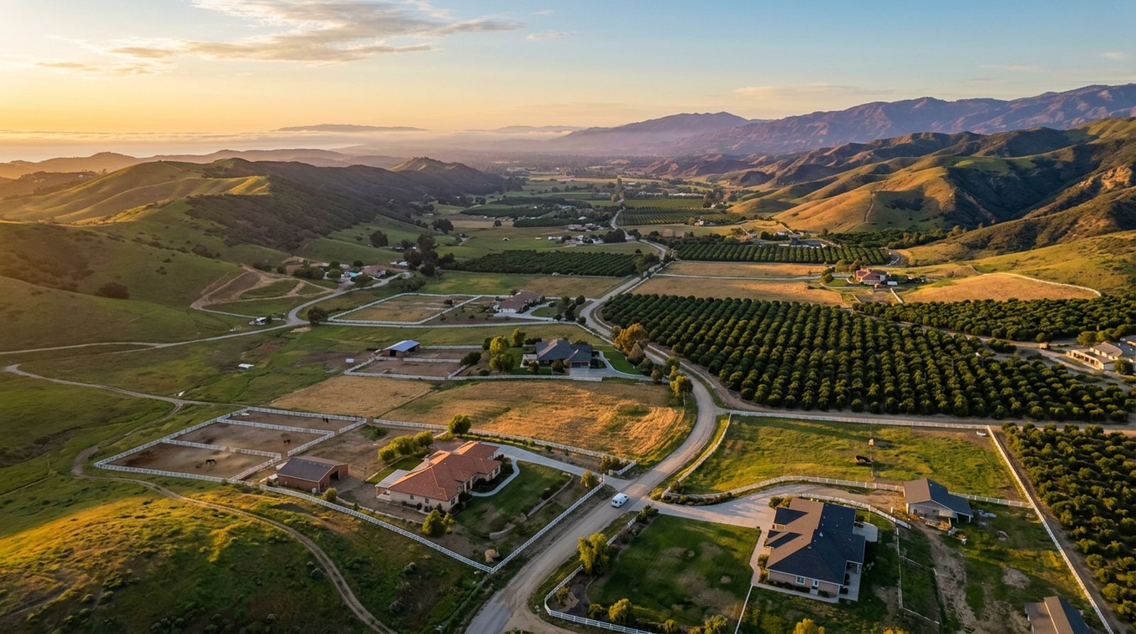 Aerial view of ranch homes and orchards in Santa Rosa Valley, California at golden hour