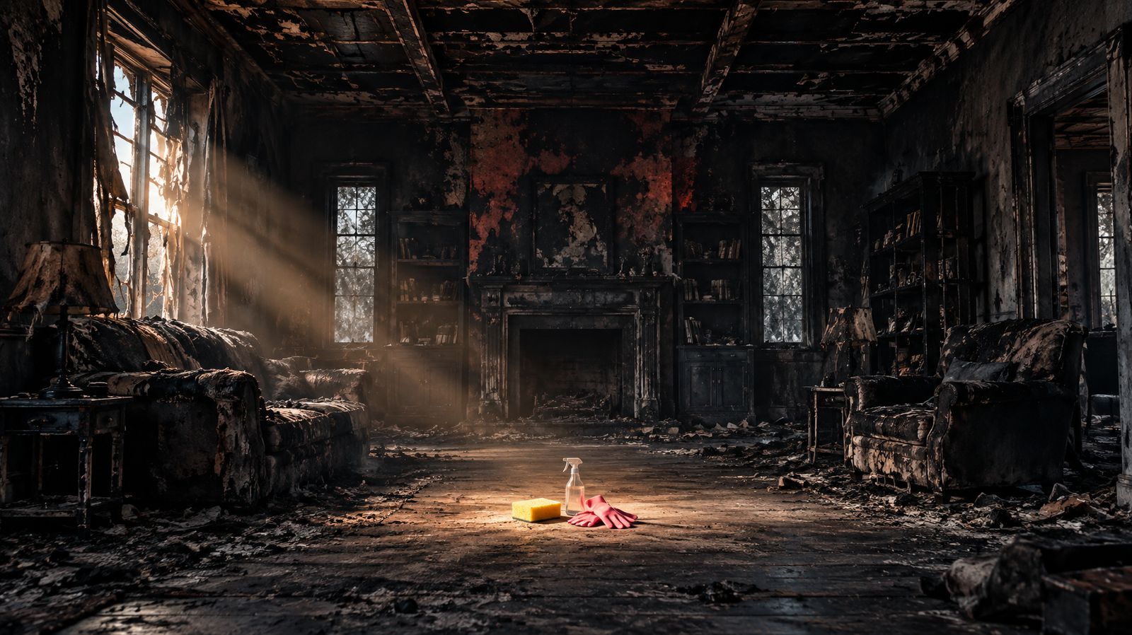 Small sponge and spray bottle on the floor of a large soot covered living room after a fire
