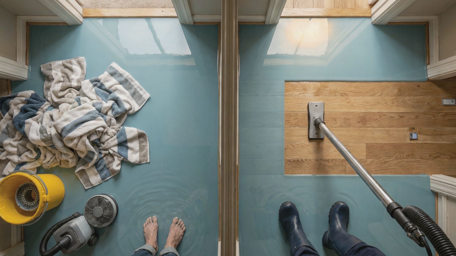 Overhead view of a flooded hallway with DIY towels and a bucket on one side and professional extraction equipment on the other