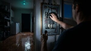 Homeowner shutting off the main breaker as water spreads across a tile floor during a water damage emergency
