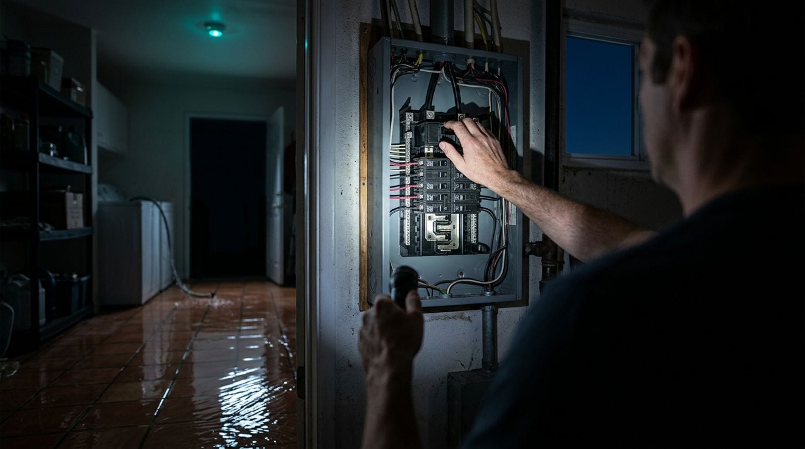 Homeowner shutting off the main breaker as water spreads across a tile floor during a water damage emergency
