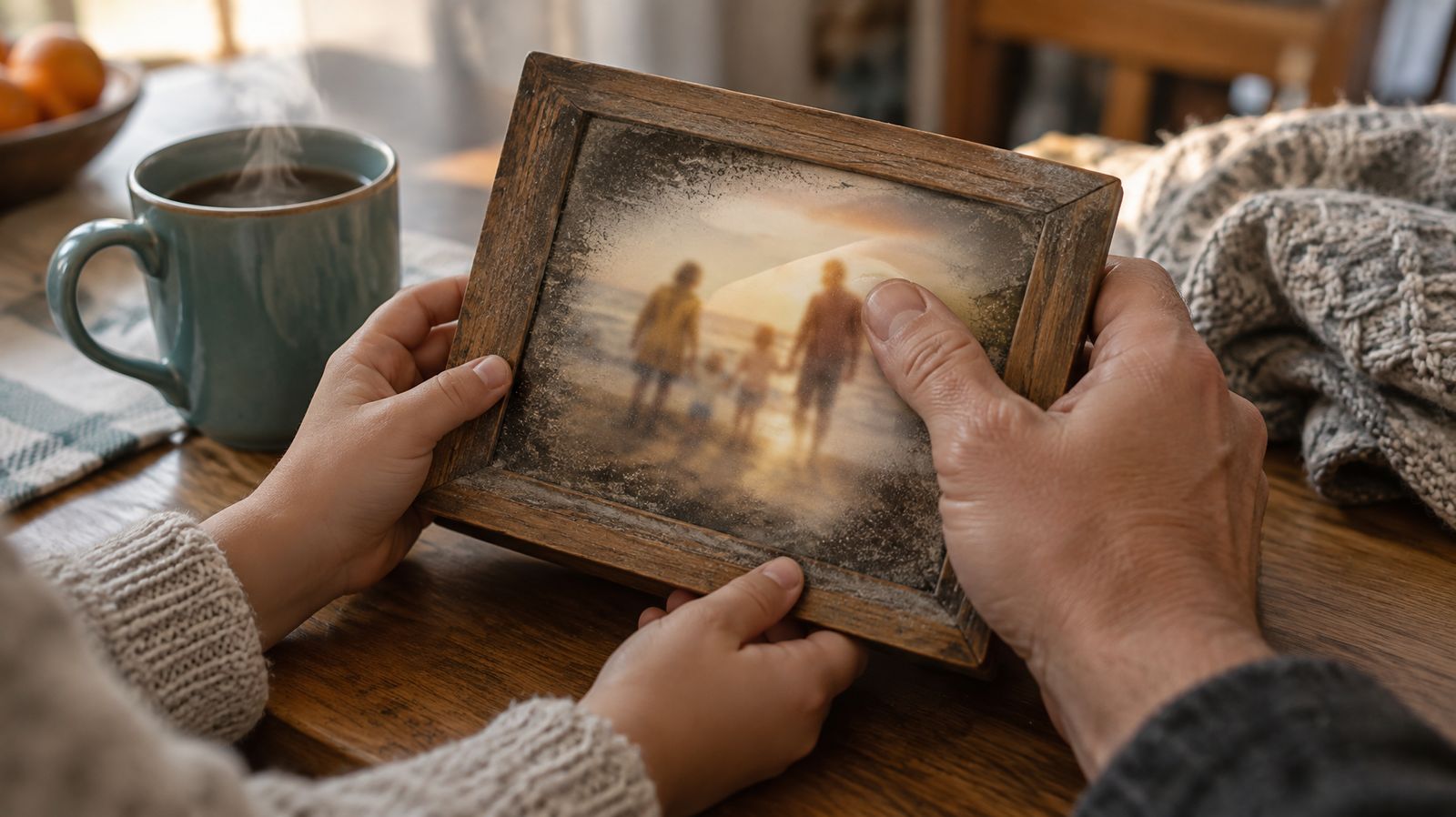 Two hands holding a smoke stained family photo frame beside a mug of tea in soft morning light
