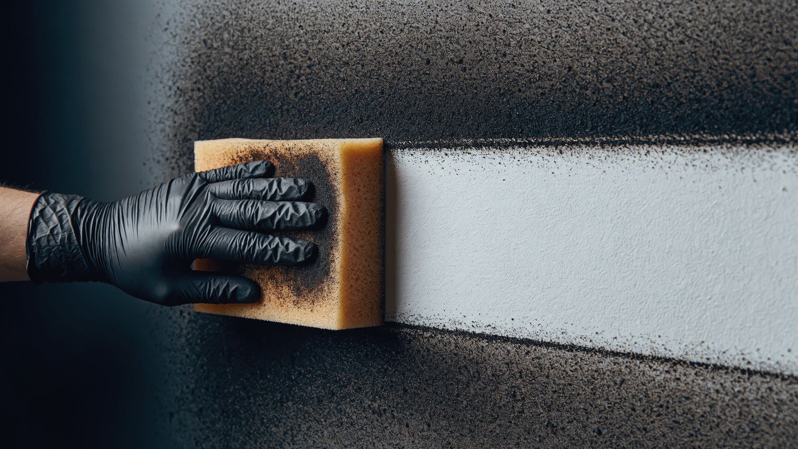 Gloved hand wiping a clean stripe through heavy soot on a white wall with a dry chemical sponge