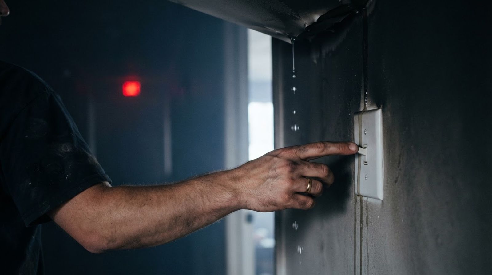 Homeowner's hand reaching for a light switch on a soot covered wall with water dripping nearby