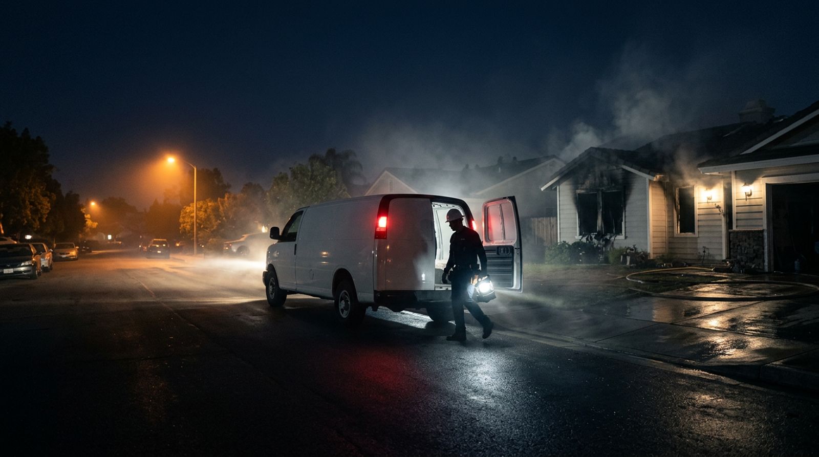 Restoration van with headlights on arriving at night outside a smoky fire damaged house