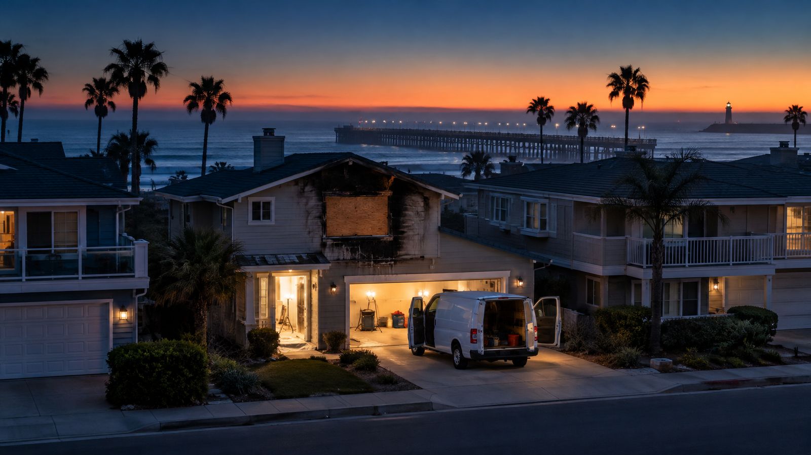Coastal Port Hueneme, California homes at blue hour with restoration work lights glowing at one house