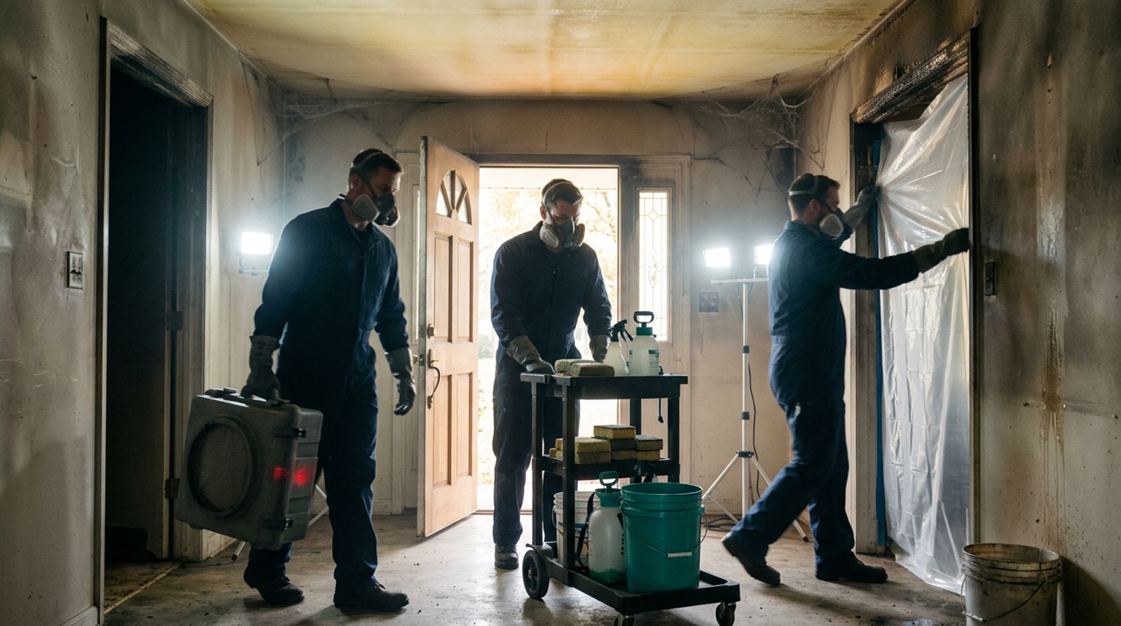 Fire restoration crew carrying air scrubbers and equipment into a smoke damaged home