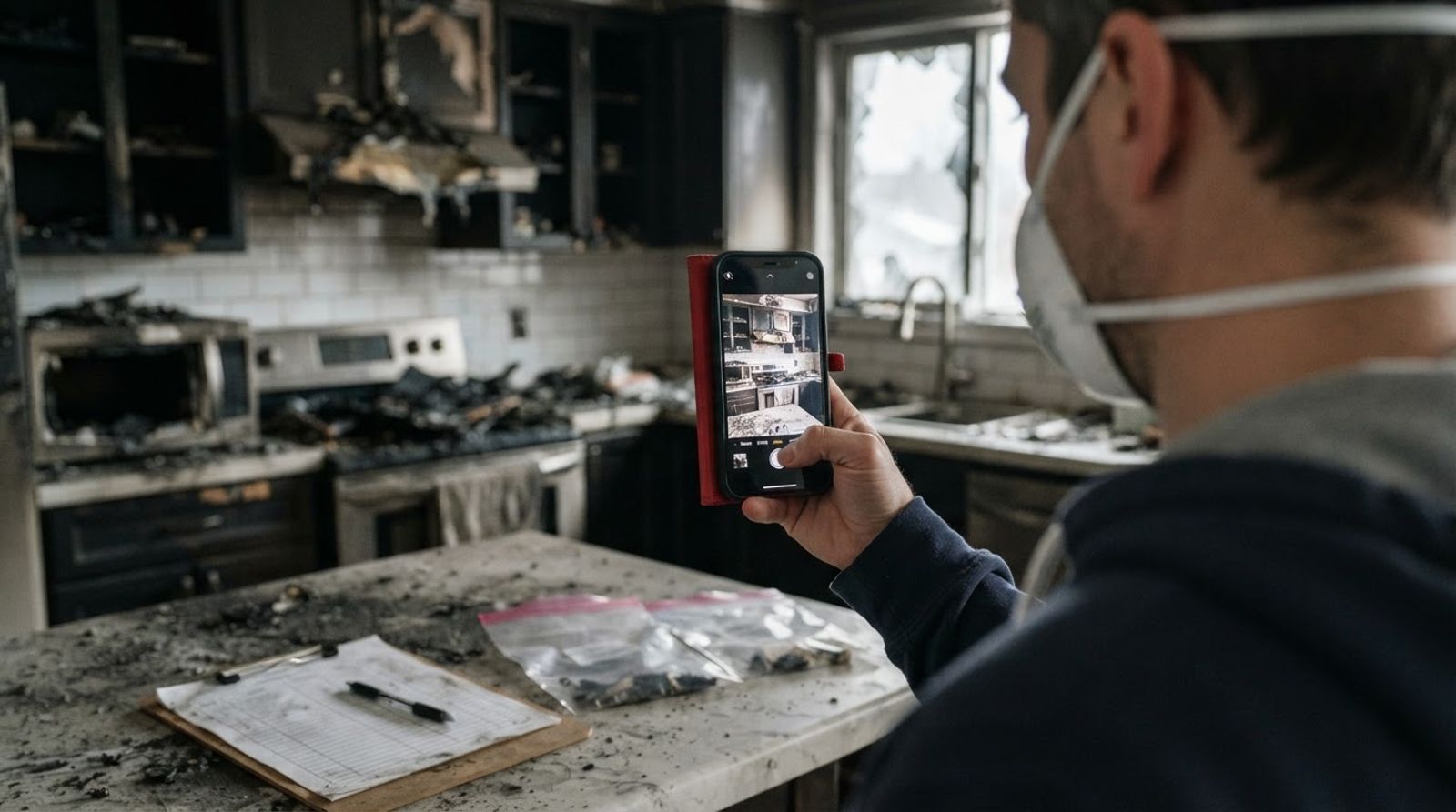 Homeowner photographing smoke damaged kitchen cabinets with a phone for a fire insurance claim