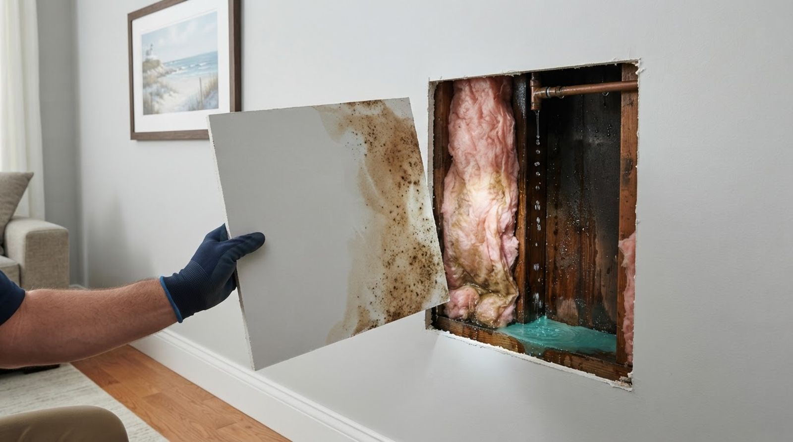 Technician holding a cut piece of drywall revealing wet insulation and stained studs inside a wall