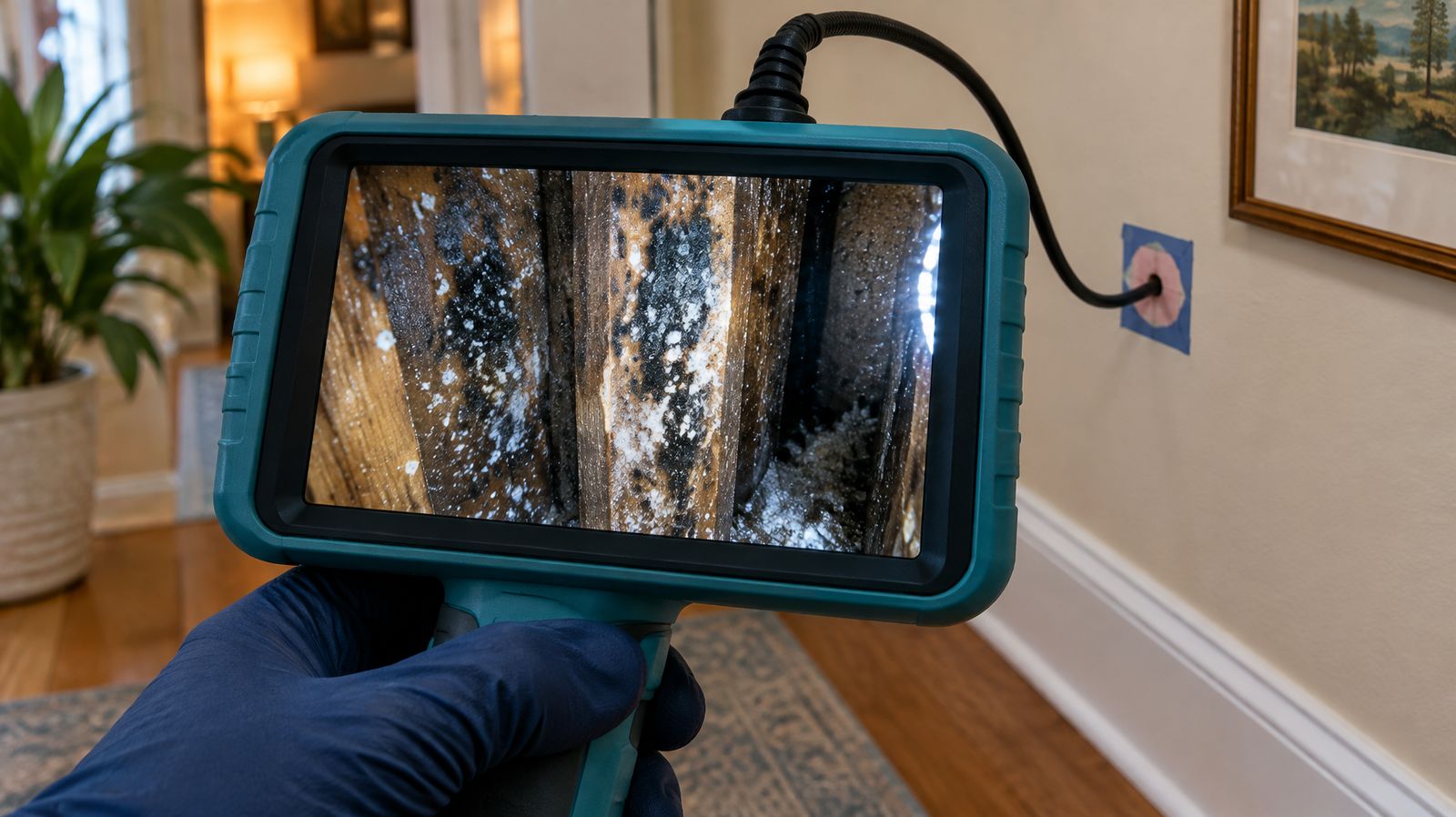 Inspection camera inserted into a small hole in a wall with its screen showing mold inside the wall cavity