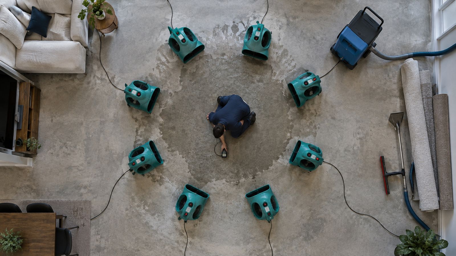 Overhead view of a technician in the center of a room surrounded by air movers arranged for drying