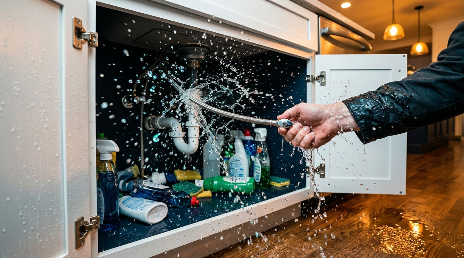 Burst supply line spraying water under a kitchen sink as a hand turns off the shutoff valve