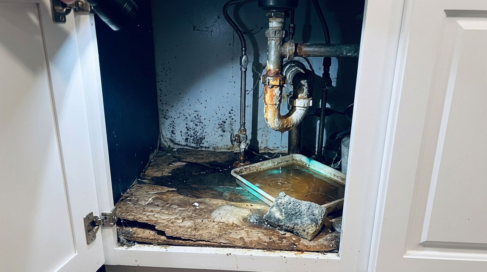 Under sink cabinet with swollen particleboard, rusted pipes and mold from a long term slow leak