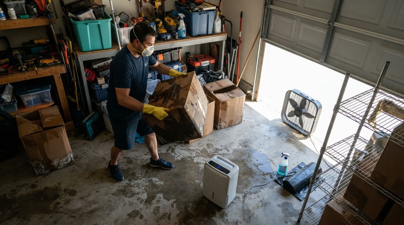 Overhead view of a homeowner moving wet cardboard boxes away from a dehumidifier in a damp garage