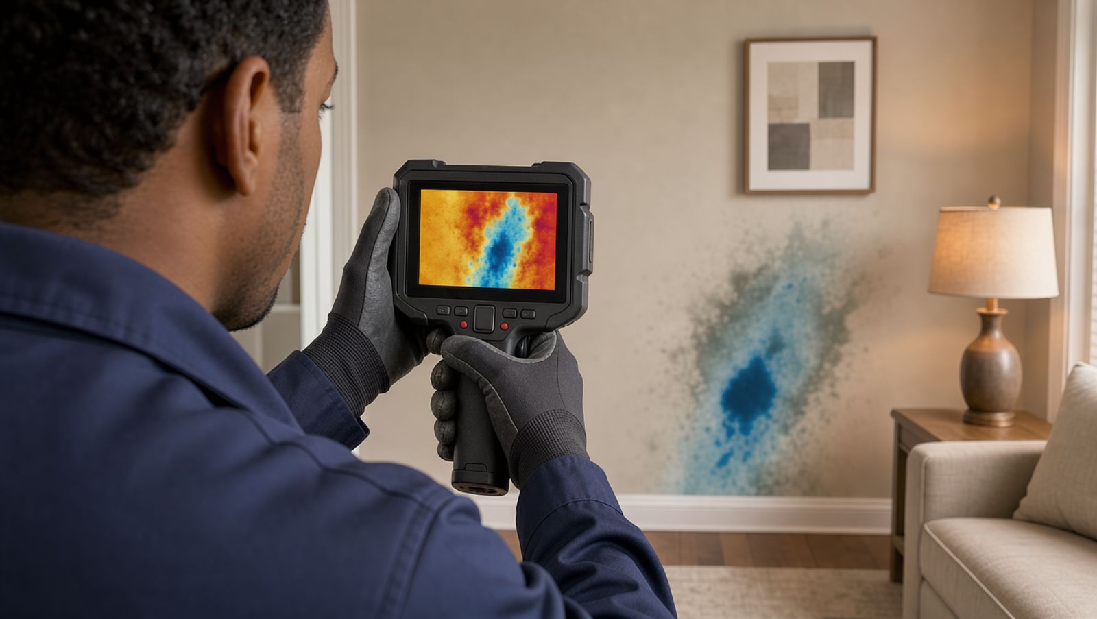 Technician holding a thermal imaging camera that reveals hidden moisture behind a clean looking wall