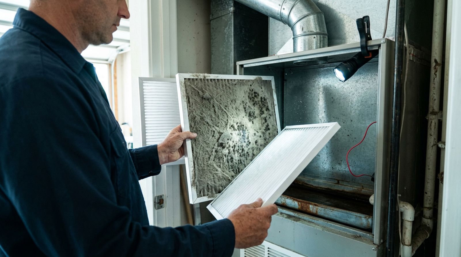 Technician pulling a dirty mold covered HVAC air filter next to a clean new filter
