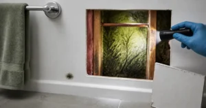 Opening cut in a bathroom wall revealing hidden mold behind a small spot, showing what affects mold remediation cost