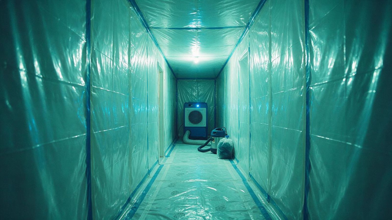 Sealed plastic containment tunnel in a hallway with a HEPA air scrubber during mold remediation