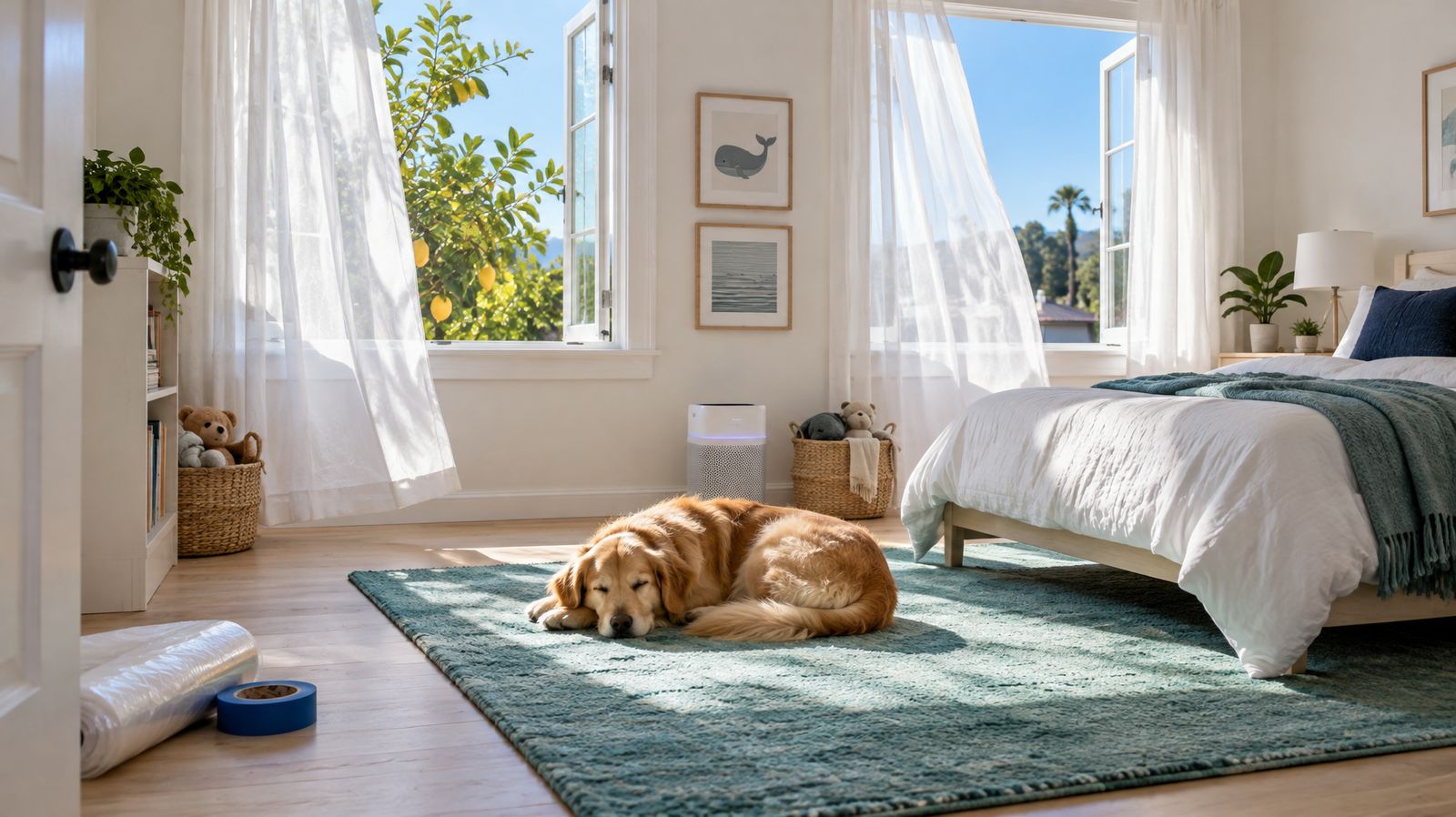 Bright clean bedroom with open windows, fresh air and a family dog after professional mold remediation