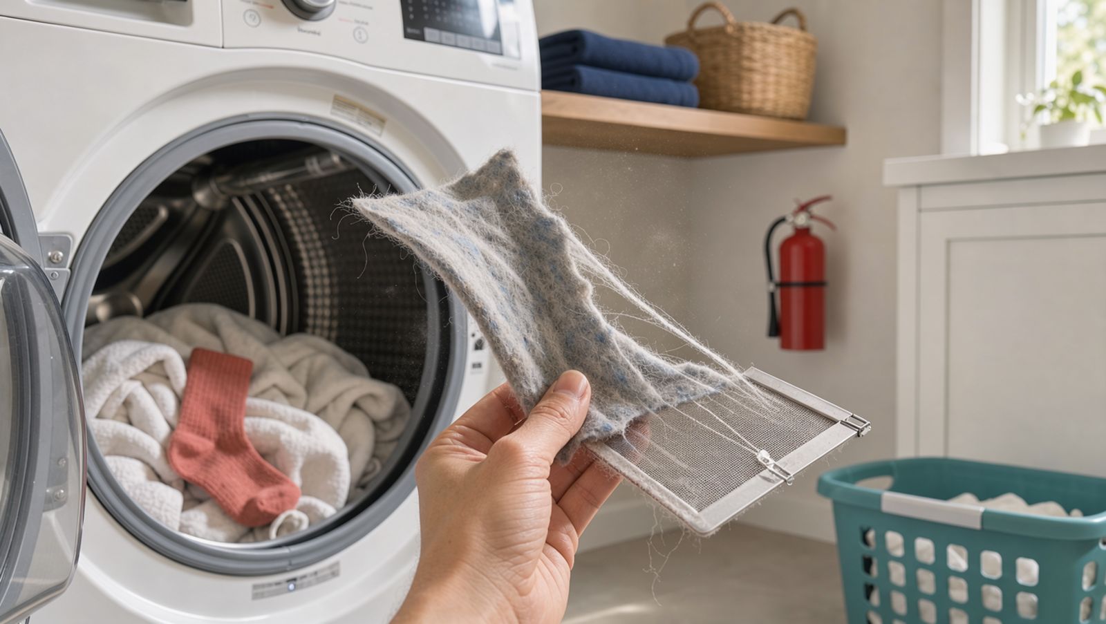 Hand pulling a thick layer of lint out of a clothes dryer lint trap in a bright laundry room
