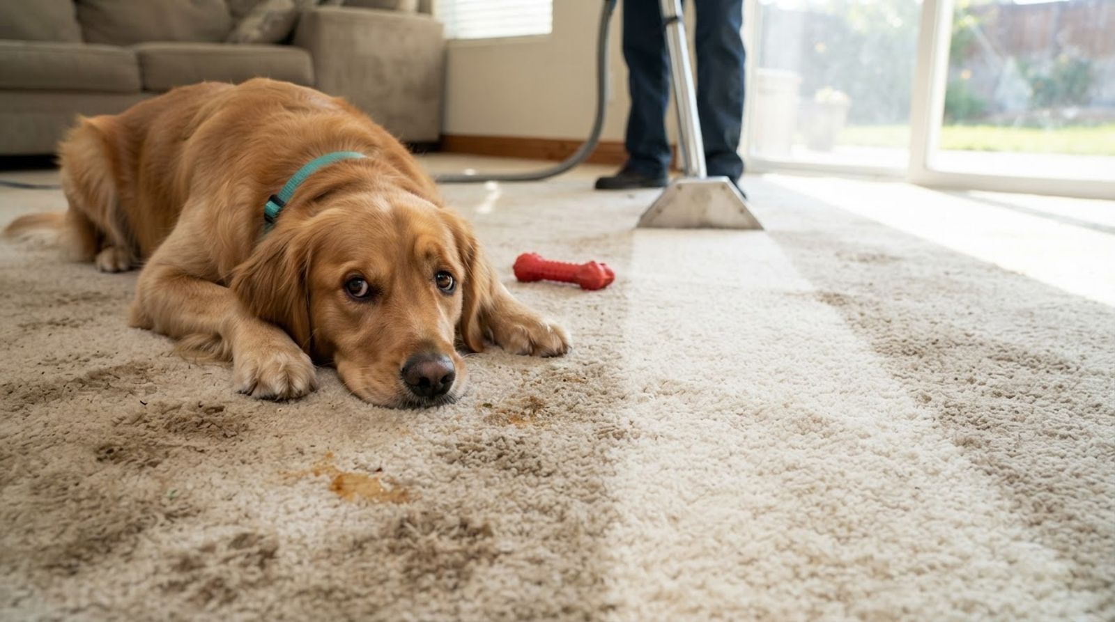 Golden retriever lying beside a freshly cleaned stripe of carpet during professional carpet cleaning