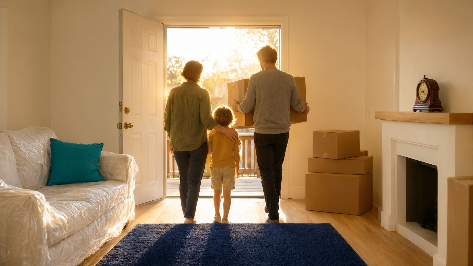 Family walking back into their fully restored bright living room after professional fire restoration