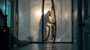 Mold remediation technician in full protective gear working inside a sealed plastic containment area