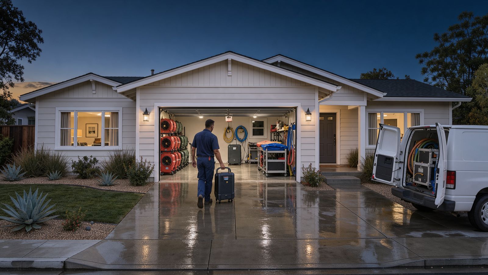 California ranch home at dusk with water damage drying equipment visible through the open garage