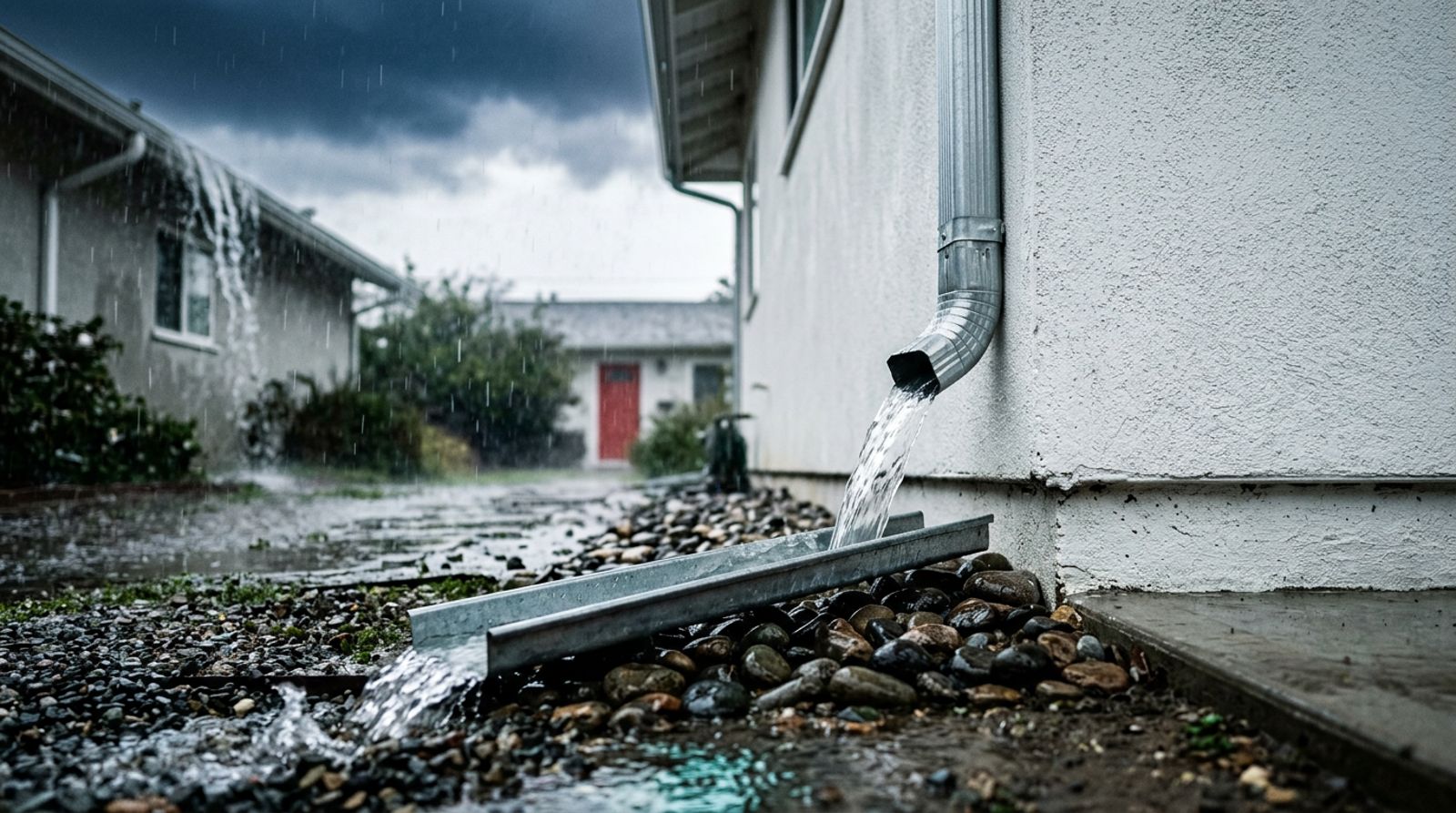 Clean gutter and downspout carrying heavy rain away from a home's foundation through an extension