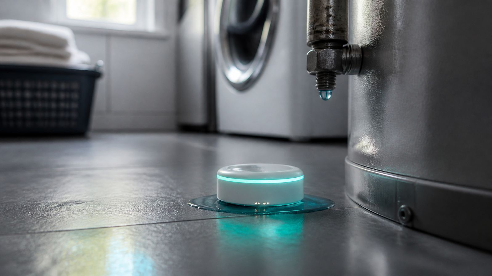 Smart water leak sensor on a laundry room floor detecting the first drop of water under a water heater