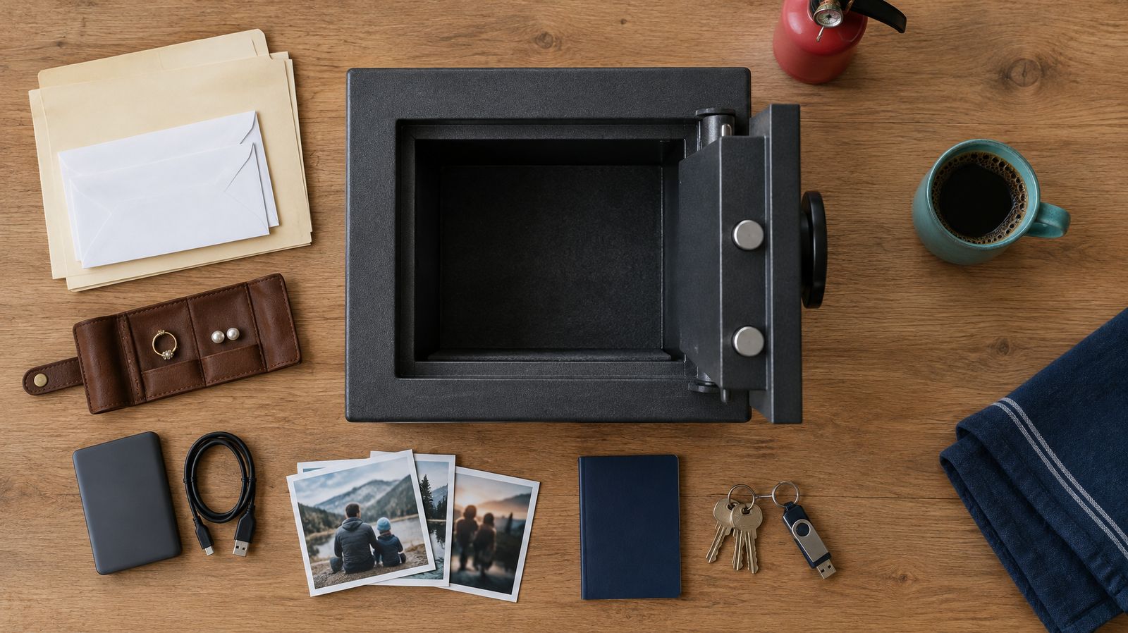 Open fireproof safe on a kitchen island surrounded by family photos, documents, jewelry and a backup hard drive