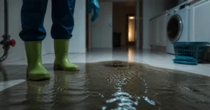 Restoration technician in rubber boots stopping at the edge of water from an overflowing floor drain during sewage backup cleanup
