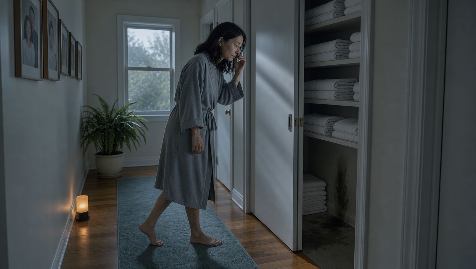 Homeowner pausing in a dim hallway near a slightly open closet that smells musty, a sign of hidden mold