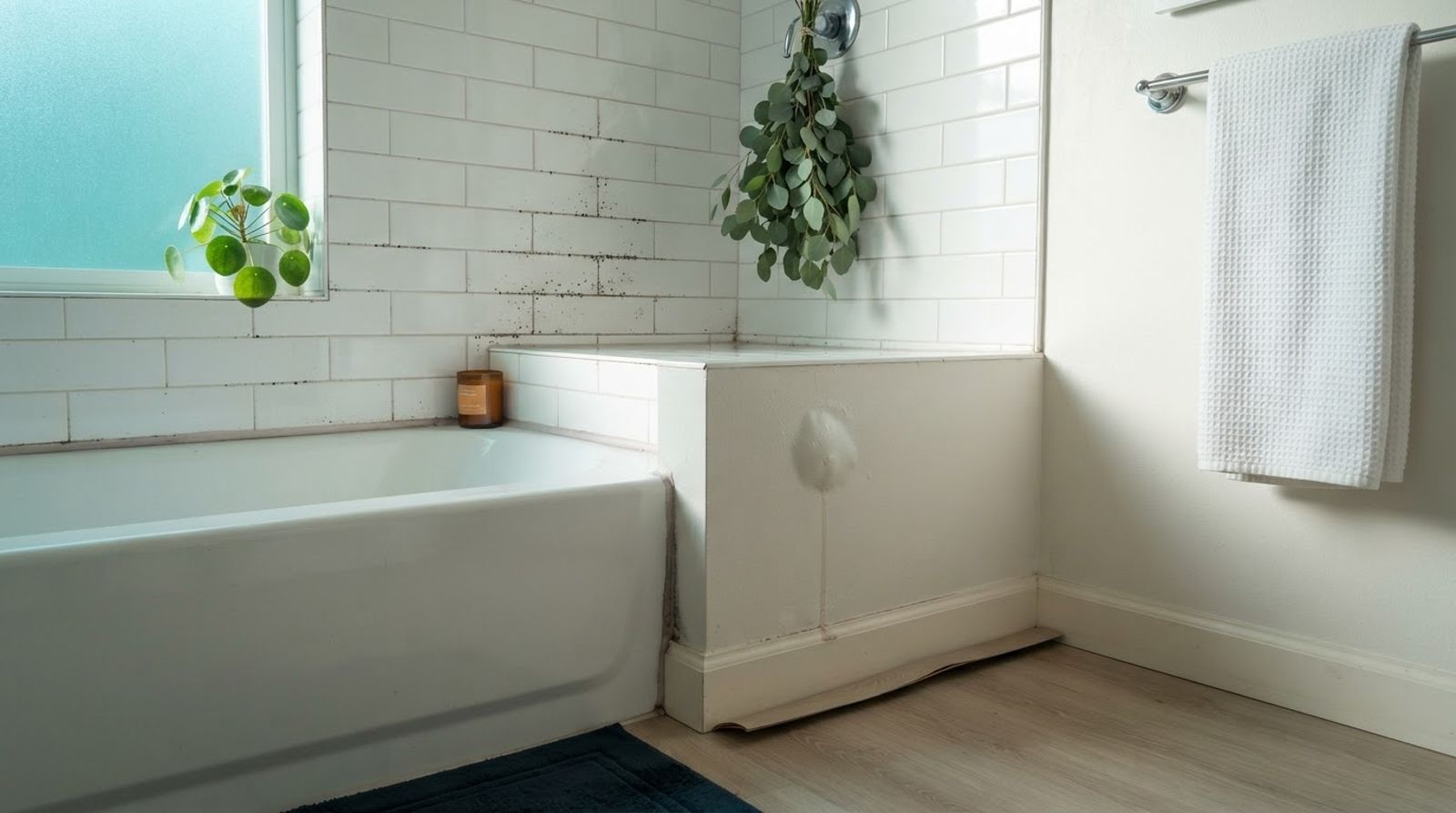 Bathroom corner with bubbling paint, black spots on grout and mold along the baseboard