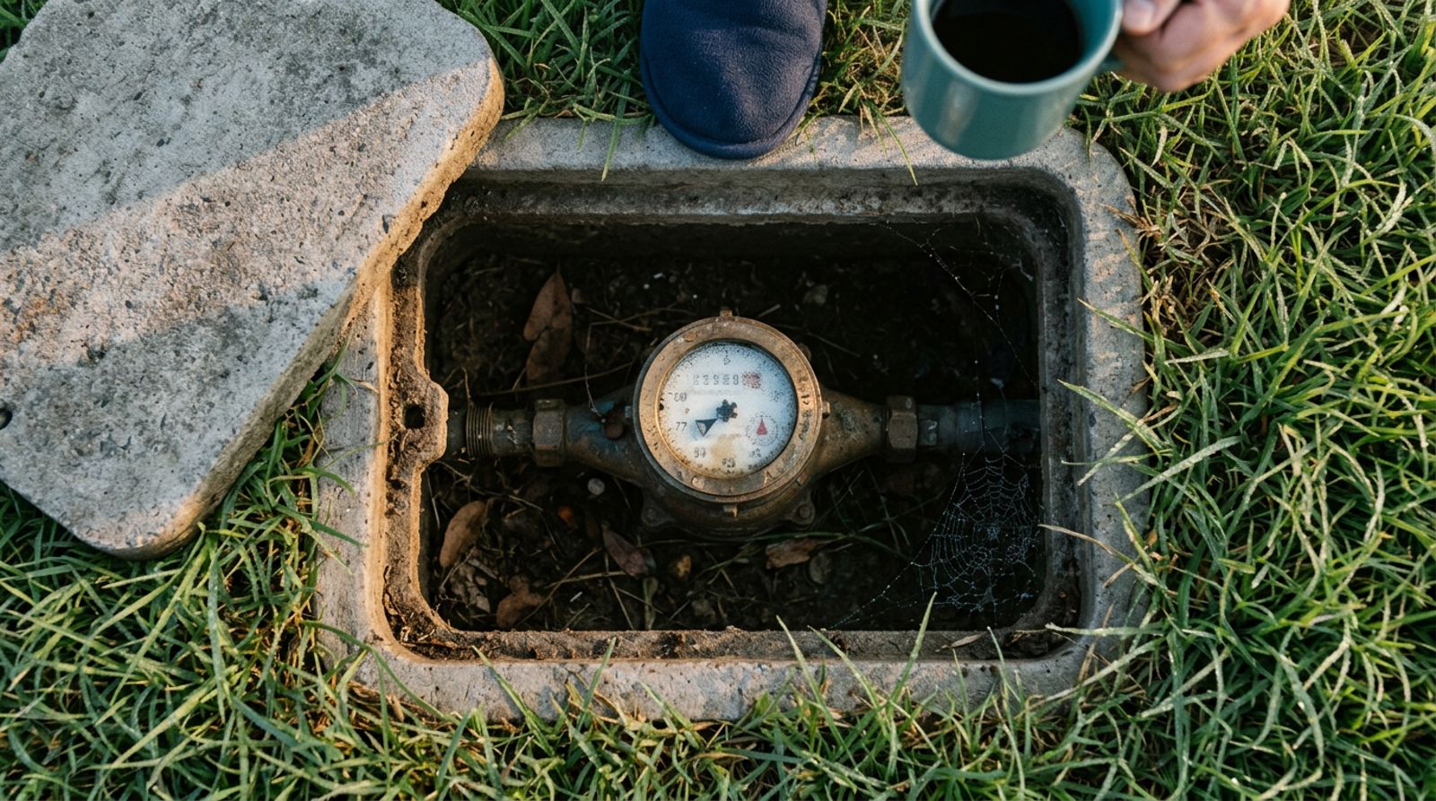 Water meter in a curbside box with the leak indicator dial spinning while the home's taps are off