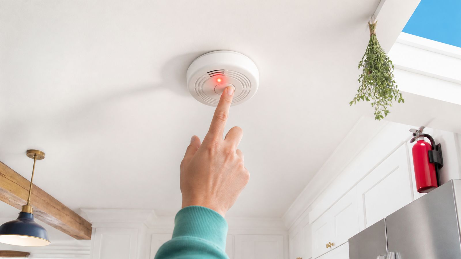 Hand pressing the test button on a ceiling smoke detector in a bright kitchen