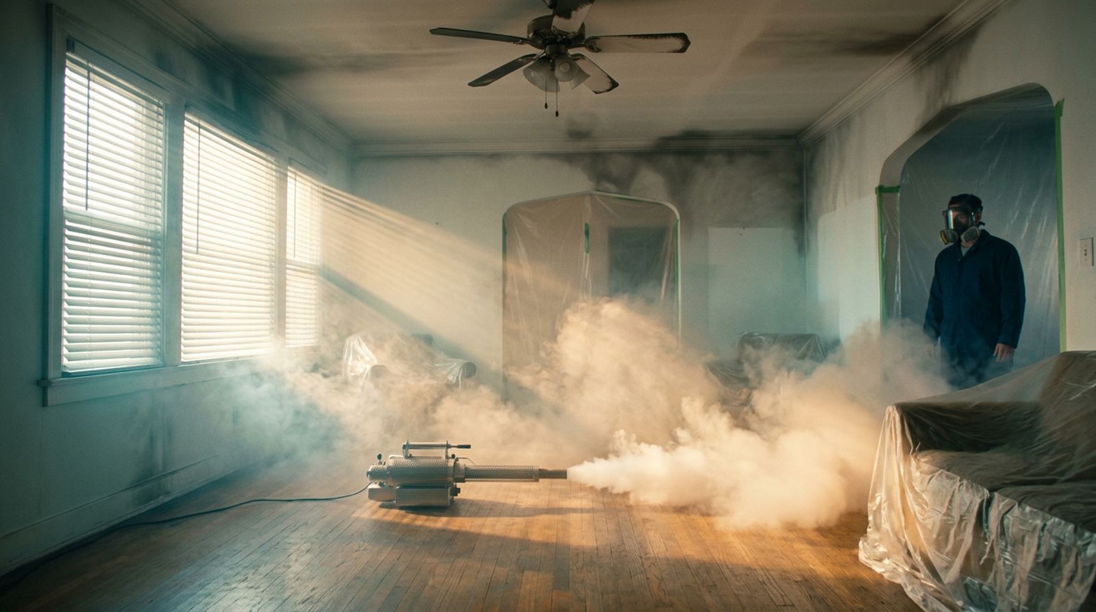 Thermal fogging deodorization mist drifting through sunbeams in a smoke damaged living room