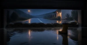 Rainwater slipping past sandbags into a garage during a storm, showing when storm damage cleanup is needed in Ventura County