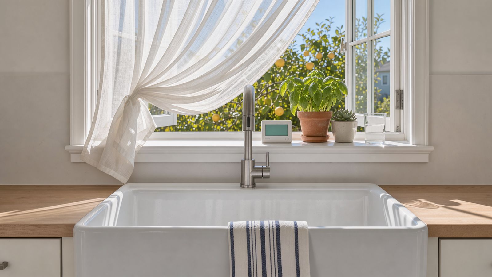Open kitchen window with a breeze moving the curtain and a hygrometer on the sill to prevent mold growth