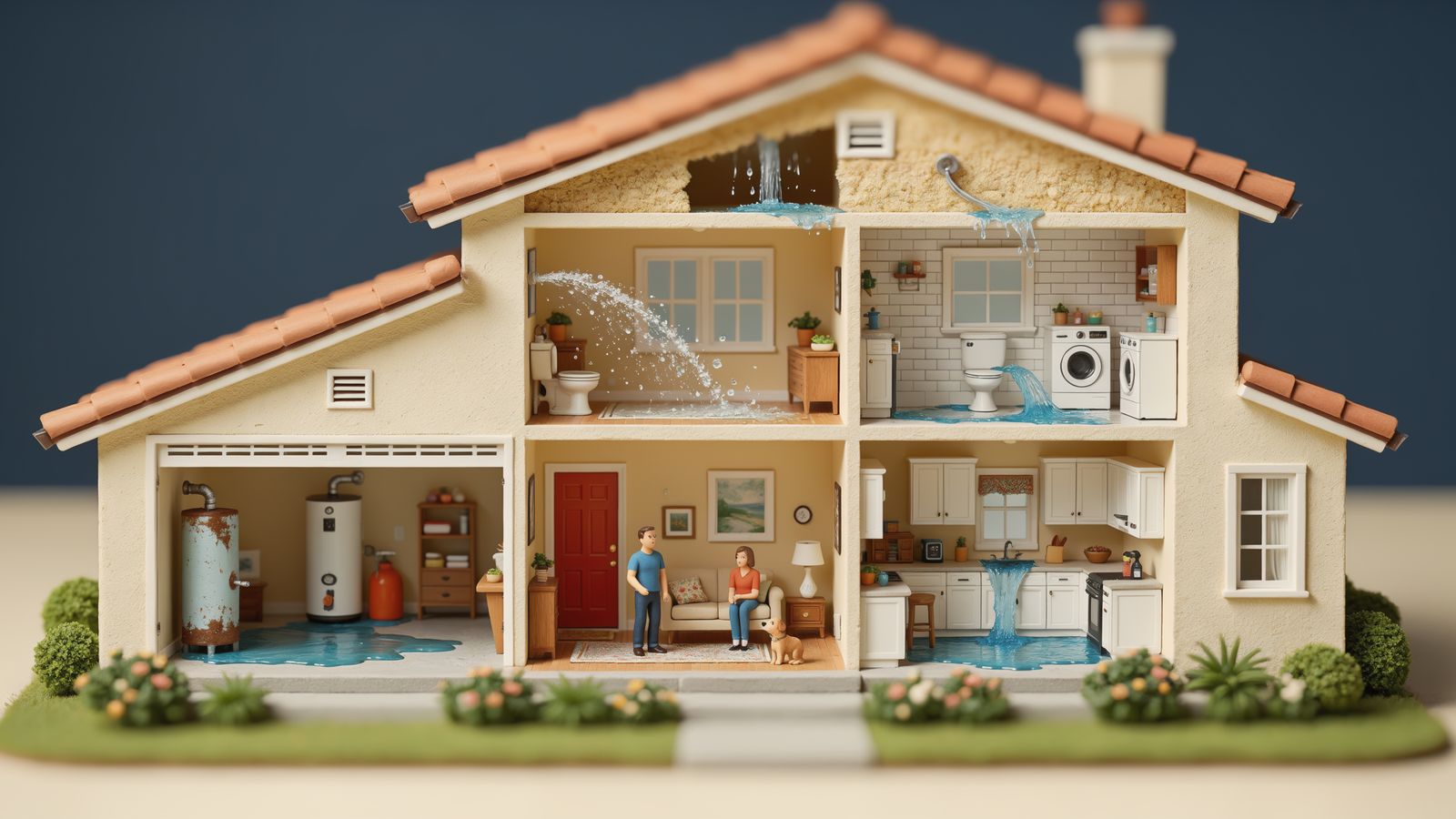 Miniature cutaway model of a home showing five common causes of water damage