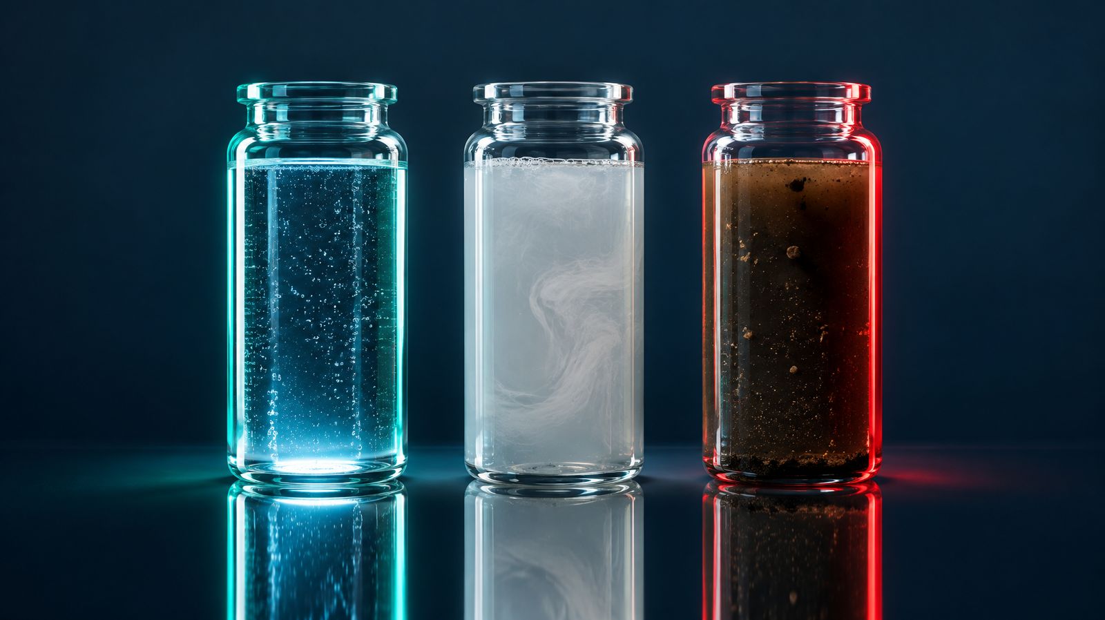 Three glass jars showing clean water, gray water and black water against a navy background