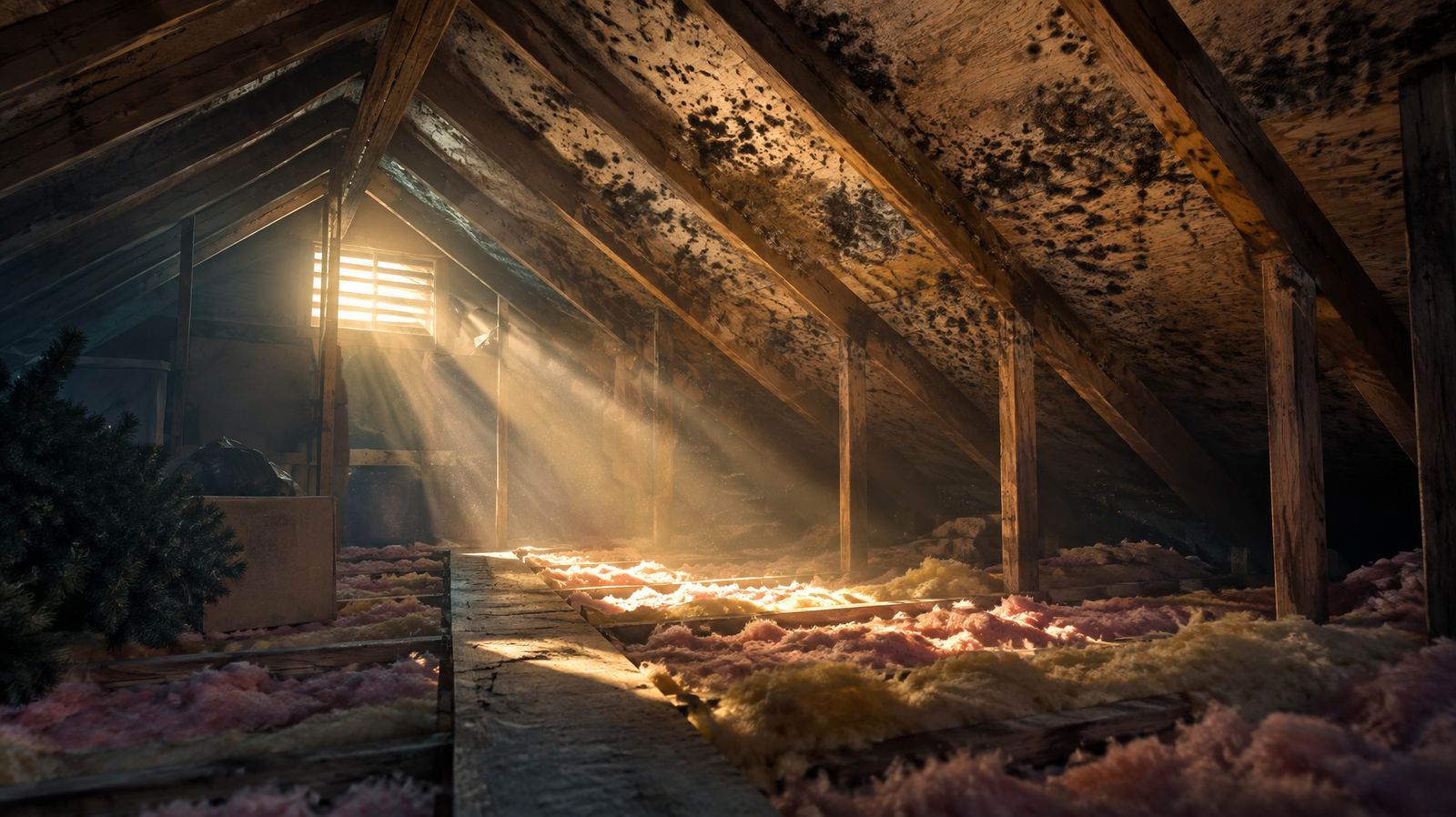 Sunbeams through an attic vent revealing mold growing on roof sheathing and rafters