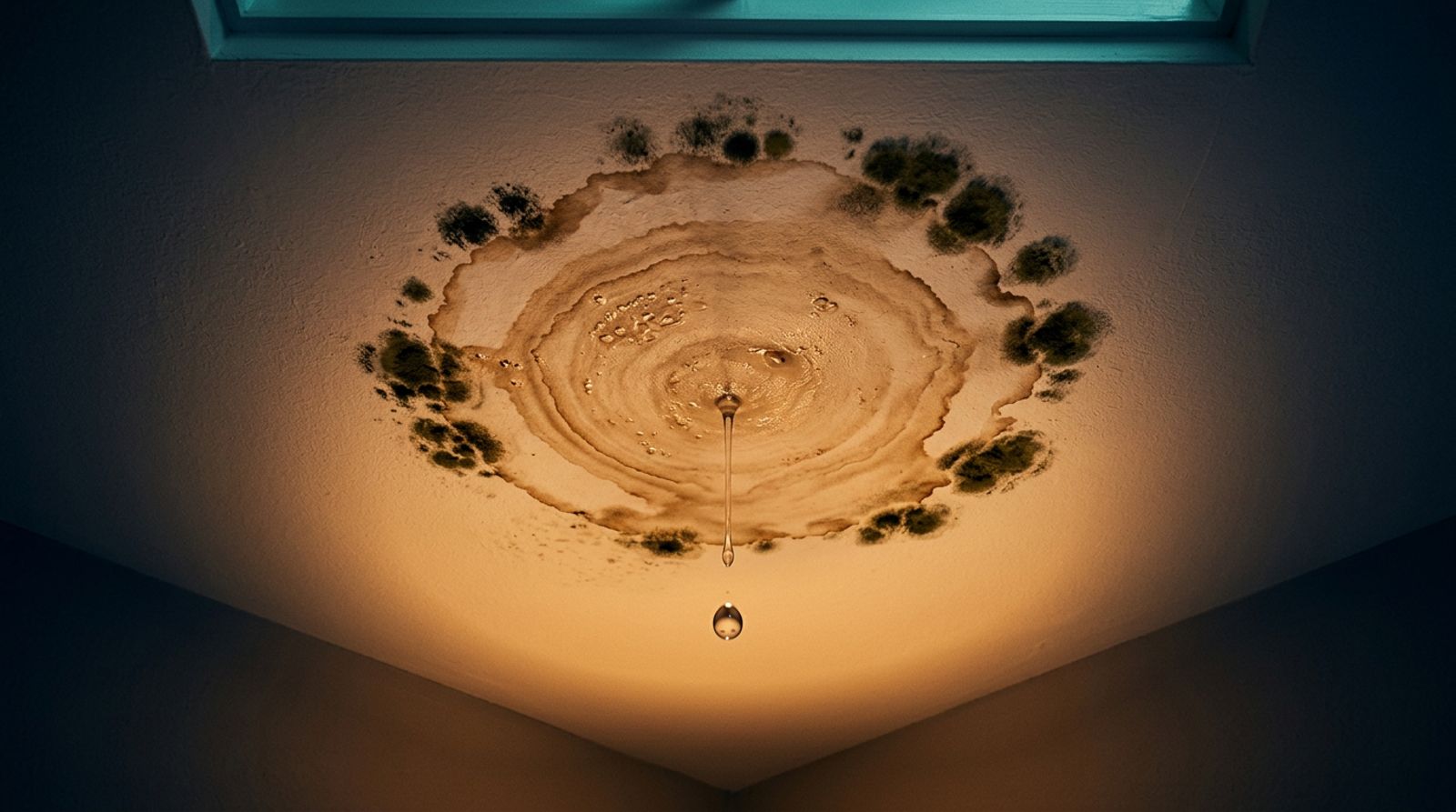 Water stained ceiling with a drip falling and mold growing along the edge of the stain