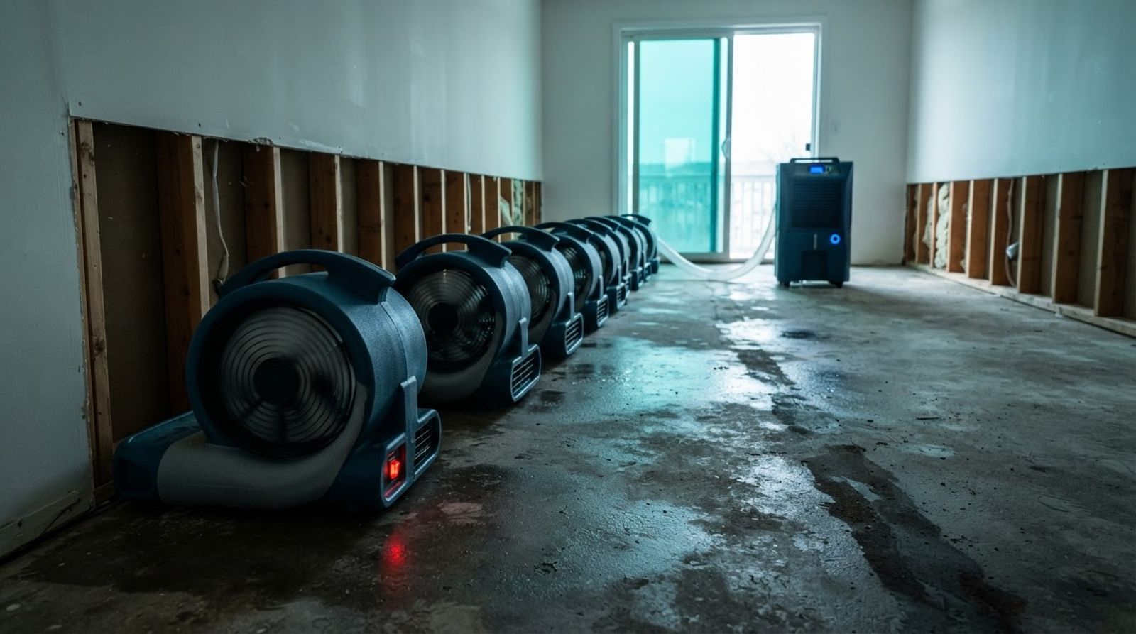 Air movers and a commercial dehumidifier drying a water damaged living room after flooring removal