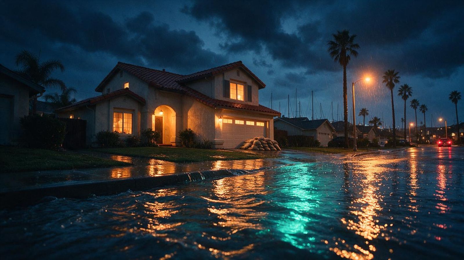 Rainy evening on an Oxnard, California street with stormwater pooling in front of a two-story home